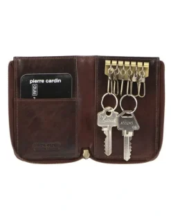 PIERRE CARDIN Italian Leather Key + Credit Card Holder in Chocolate