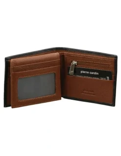 PIERRE CARDIN Italian Leather Two Tone Bi-Fold Wallet in Black/Cognac