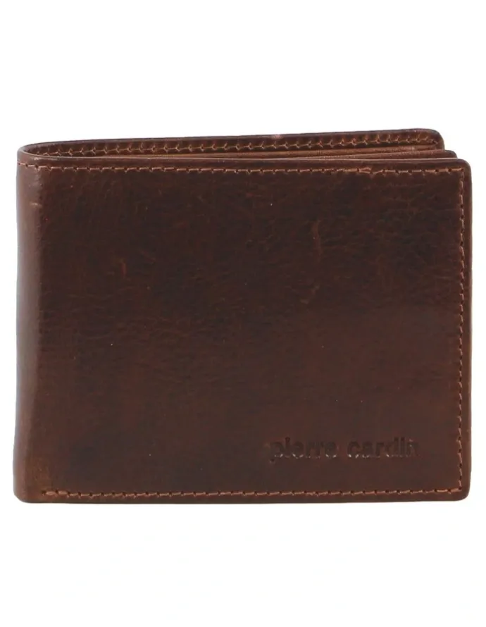 PIERRE CARDIN Leather Bi-Fold with flap Wallet in Brown