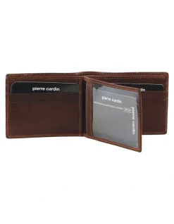 PIERRE CARDIN Leather Bi-Fold with flap Wallet in Brown