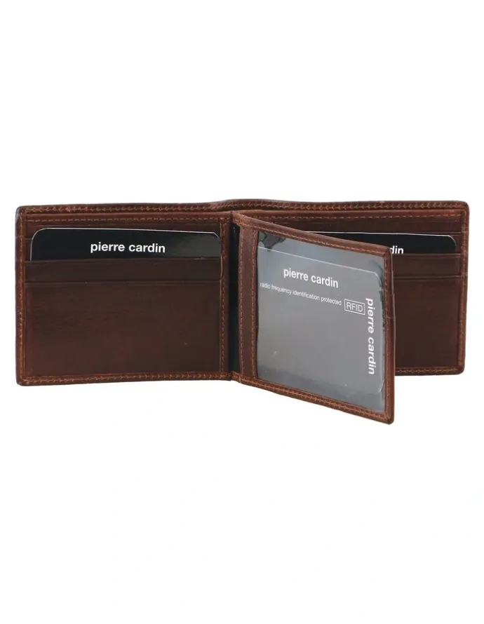 PIERRE CARDIN Leather Bi-Fold with flap Wallet in Brown