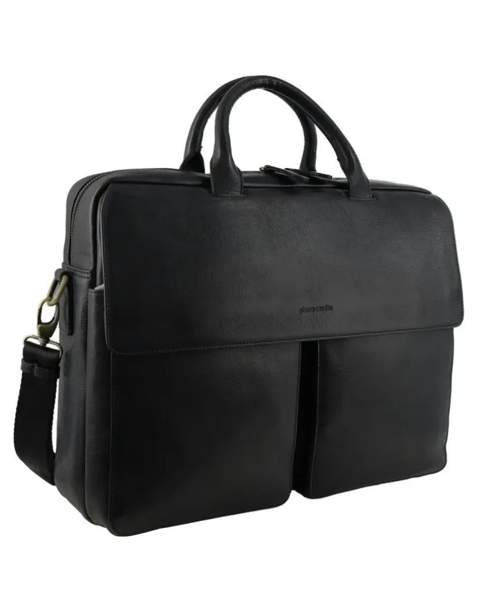PIERRE CARDIN Leather Classic Messenger/Computer Bag in Black