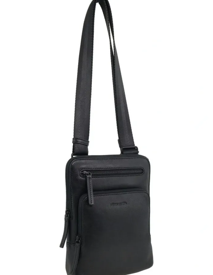 PIERRE CARDIN Leather Multi-Compartment Crossbody Bag in Black