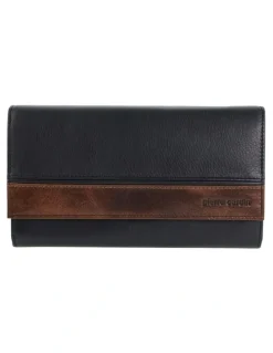 PIERRE CARDIN Leather Rustic Flat Wallet in Black