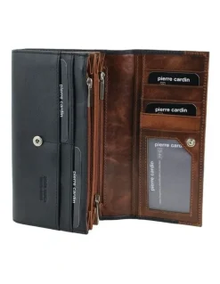 PIERRE CARDIN Leather Rustic Flat Wallet in Black