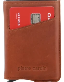 PIERRE CARDIN Leather Smart Slide Card Holder Tab Wallet in Cognac