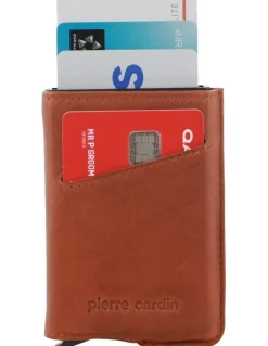 PIERRE CARDIN Leather Smart Slide Card Holder Tab Wallet in Cognac
