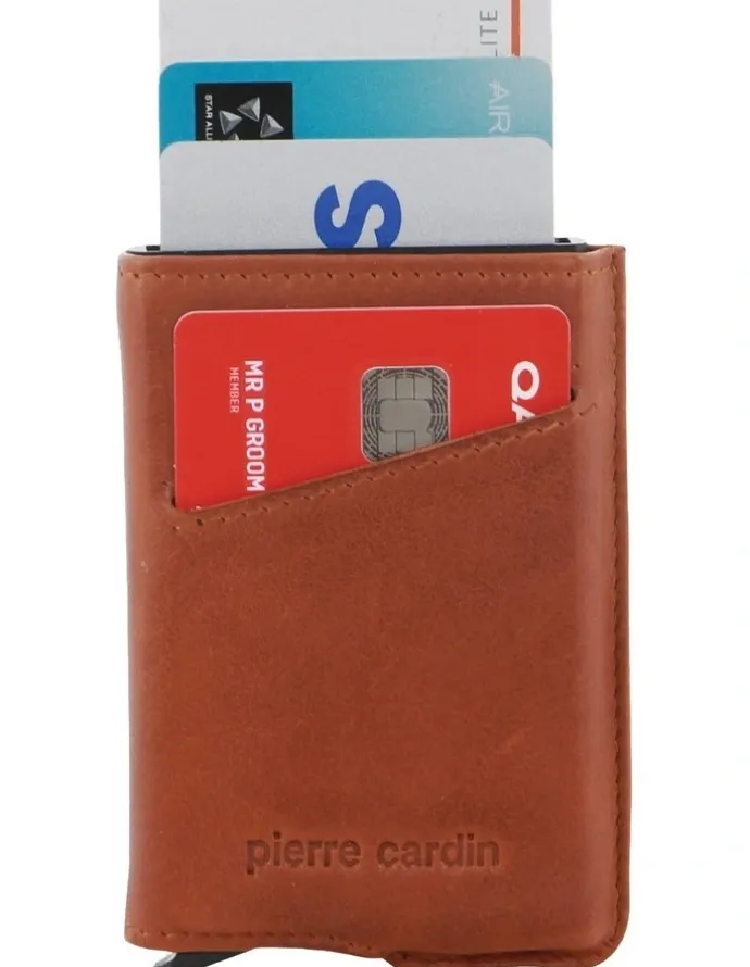 PIERRE CARDIN Leather Smart Slide Card Holder Tab Wallet in Cognac