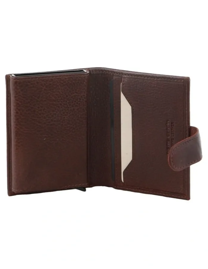 PIERRE CARDIN Leather Smart Slide Card Holder Tab Wallet in Brown