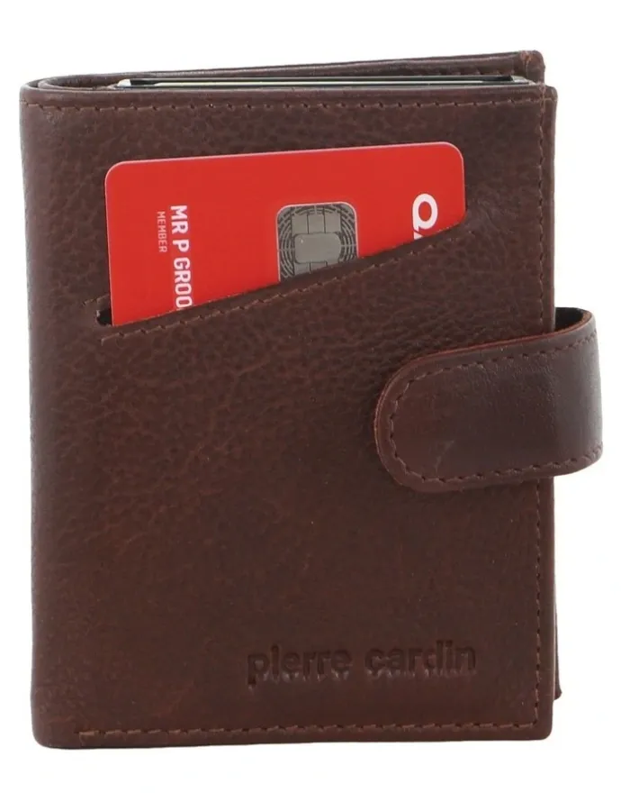 PIERRE CARDIN Leather Smart Slide Card Holder Tab Wallet in Brown