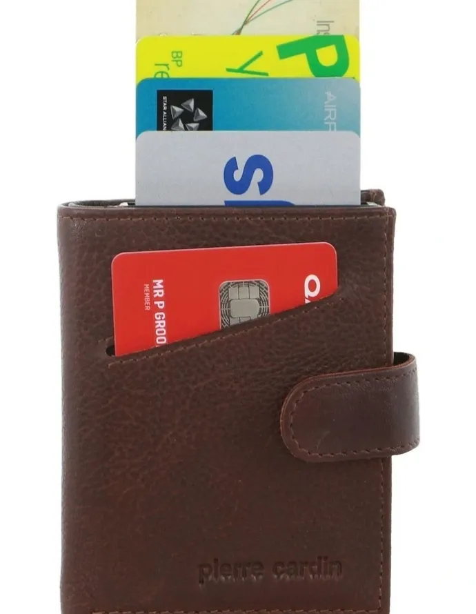 PIERRE CARDIN Leather Smart Slide Card Holder Tab Wallet in Brown