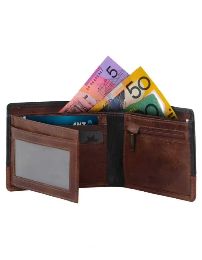PIERRE CARDIN Leather 2-Tone Tri-Fold Wallet in Black-Cognac