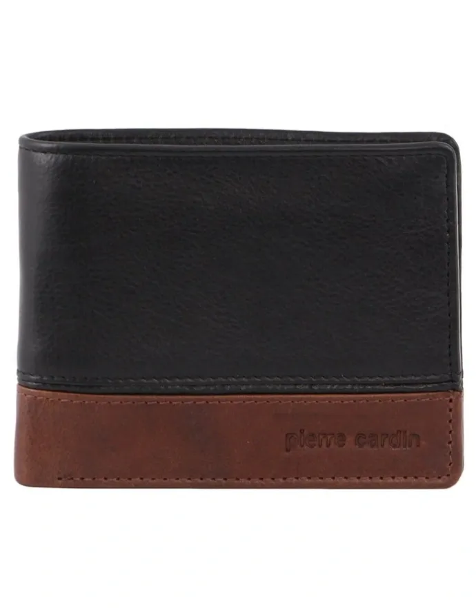 PIERRE CARDIN Leather 2-Tone Tri-Fold Wallet in Black-Cognac