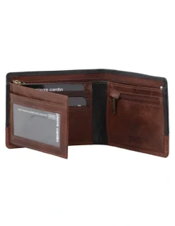 PIERRE CARDIN Leather 2-Tone Tri-Fold Wallet in Black-Cognac