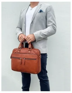 PIERRE CARDIN Multi-Compartment Leather Computer Bag in Cognac
