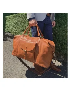 PIERRE CARDIN Pierre Cardin Genuine Leather Classic Overnight Bag in Cognac