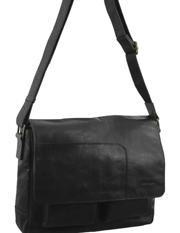 PIERRE CARDIN Rustic Leather Computer/Messenger Bag in Black