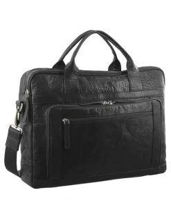 PIERRE CARDIN Rustic Leather Laptop Business Bag in Black