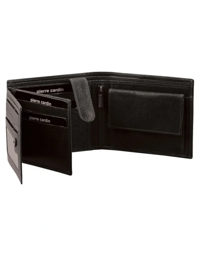 PIERRE CARDIN Rustic Leather Tri-Fold Wallet in Black