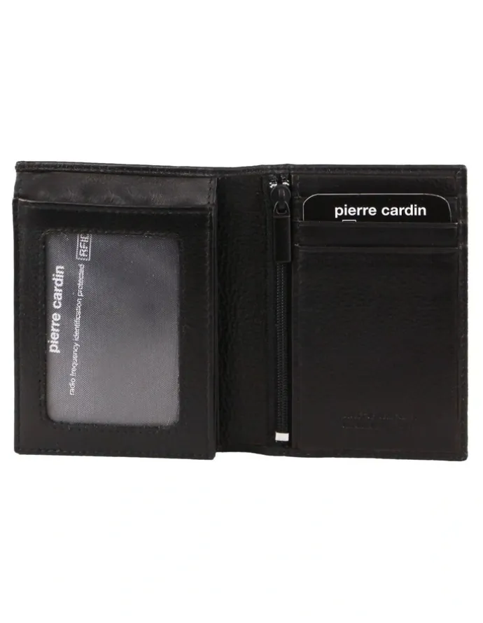 PIERRE CARDIN Rustic Leather Bi-Fold Flap Wallet in Black