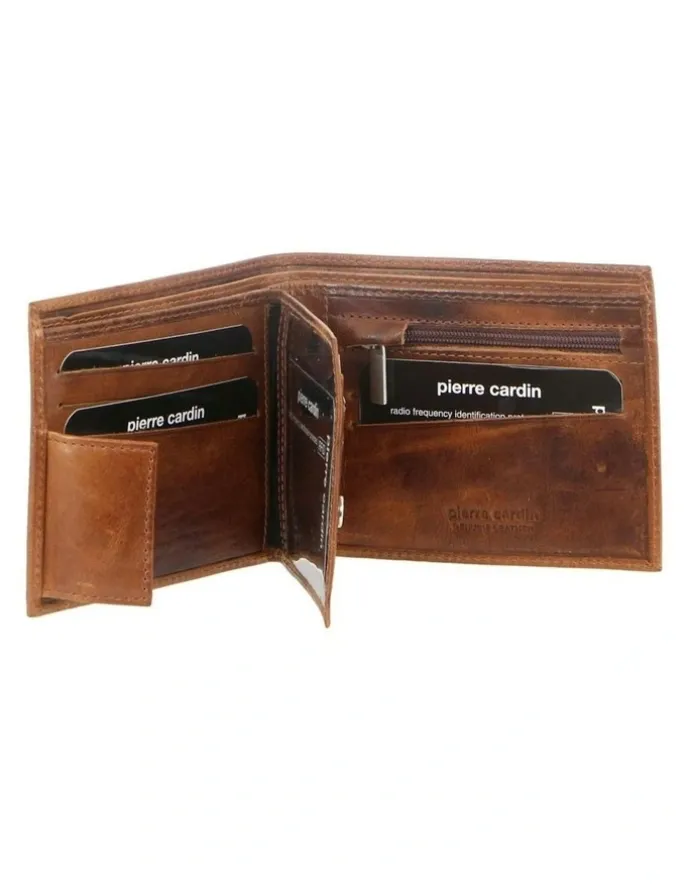 PIERRE CARDIN Rustic Leather Tri-Fold Wallet in Cognac