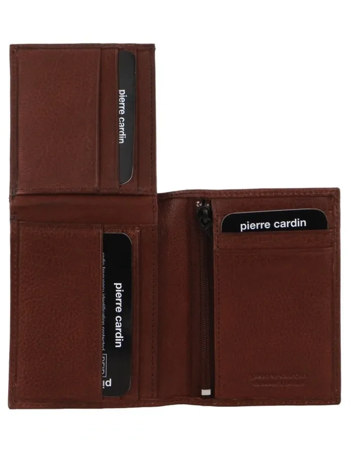 PIERRE CARDIN Rustic Leather Bi-Fold Flap Wallet in Brown