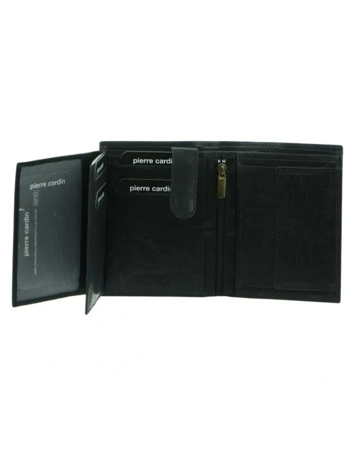 PIERRE CARDIN Rustic Leather Tri-Fold Wallet in Black