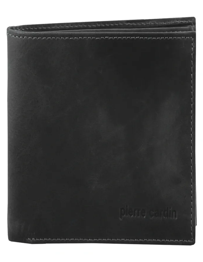 PIERRE CARDIN Rustic Leather Tri-Fold Wallet in Black