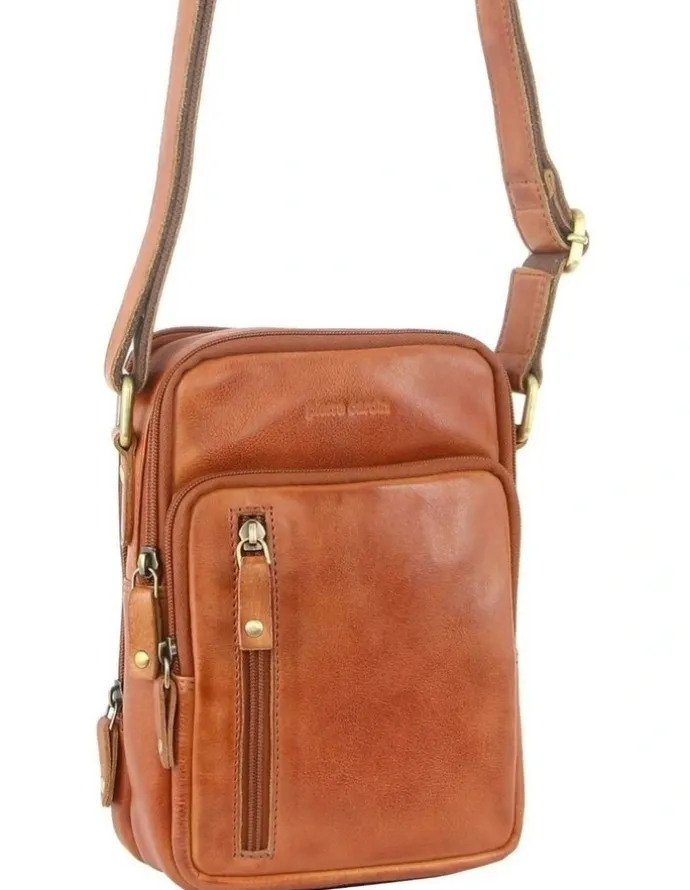 PIERRE CARDIN Rustic Leather Cross-Body Bag in Cognac