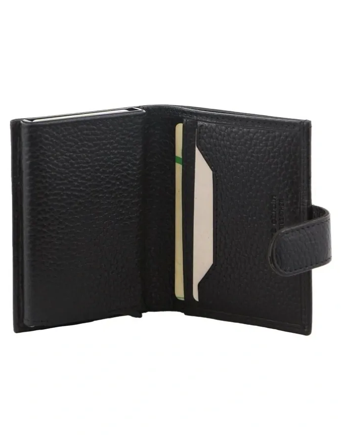 PIERRE CARDIN Leather Smart Slide Card Holder Tab Wallet in Black