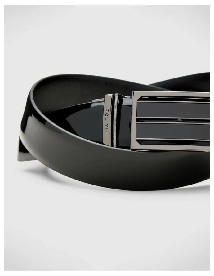 Politix Reversible Textured And Patent Leather Belt in Black Patent