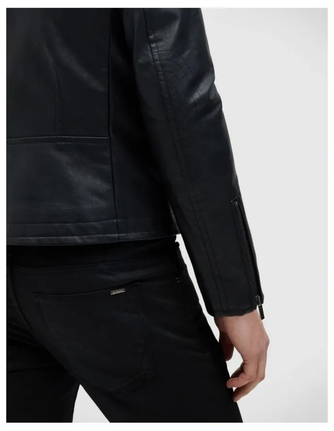 Politix Danny Faux Leather Biker Jacket in Black