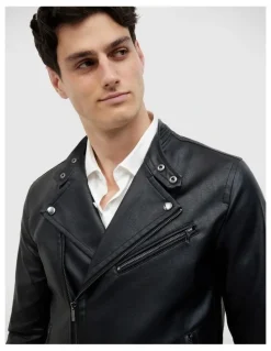 Politix Danny Faux Leather Biker Jacket in Black