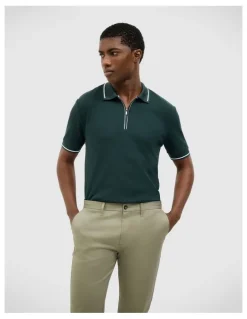 Politix Morgan Textured Zip-up Polo in Deep Forest