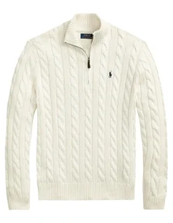 Polo Ralph Lauren Cable-Knit Cotton Quarter-Zip Sweater in Natural