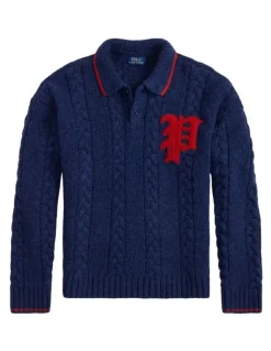 Polo Ralph Lauren Cable-Knit Polo-Collar Letter Sweater in Blue