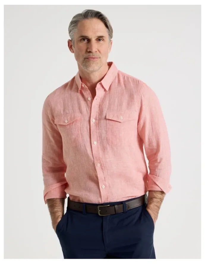 Regatta Houndstooth Long Sleeve Linen Shirt in Coral