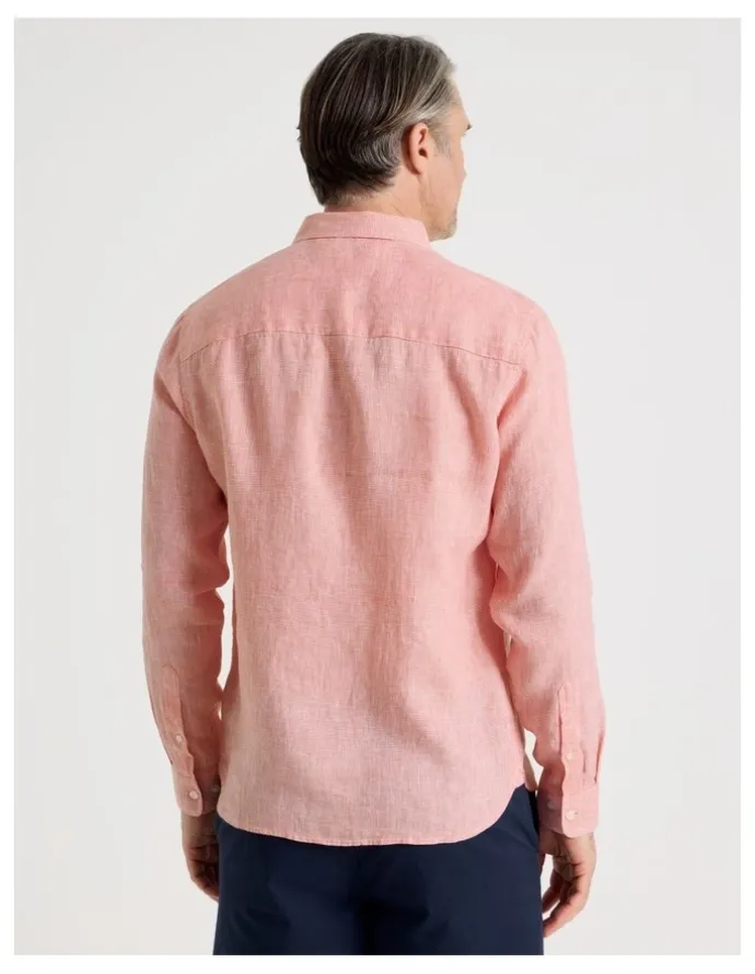 Regatta Houndstooth Long Sleeve Linen Shirt in Coral