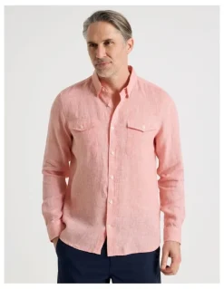 Regatta Houndstooth Long Sleeve Linen Shirt in Coral