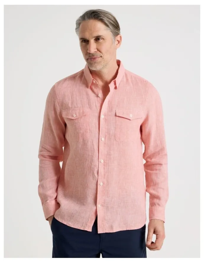 Regatta Houndstooth Long Sleeve Linen Shirt in Coral