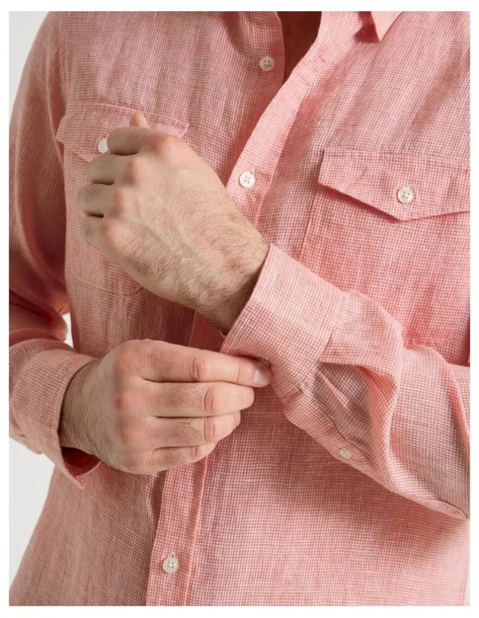 Regatta Houndstooth Long Sleeve Linen Shirt in Coral
