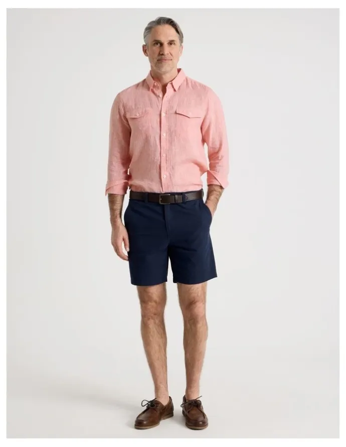 Regatta Houndstooth Long Sleeve Linen Shirt in Coral