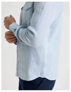 Regatta Houndstooth Long Sleeve Linen Shirt in Light Blue