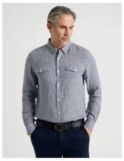 Regatta Houndstooth Long Sleeve Linen Shirt in Navy