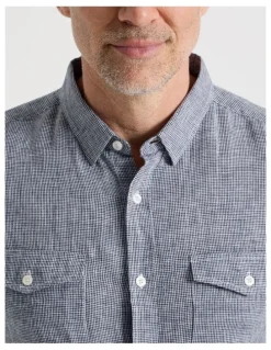 Regatta Houndstooth Long Sleeve Linen Shirt in Navy
