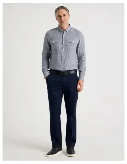 Regatta Houndstooth Long Sleeve Linen Shirt in Navy