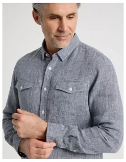 Regatta Houndstooth Long Sleeve Linen Shirt in Navy