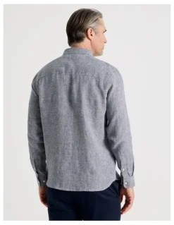Regatta Houndstooth Long Sleeve Linen Shirt in Navy