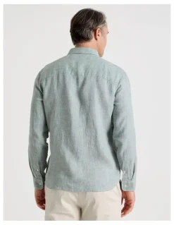 Regatta Houndstooth Long Sleeve Linen Shirt in Sage