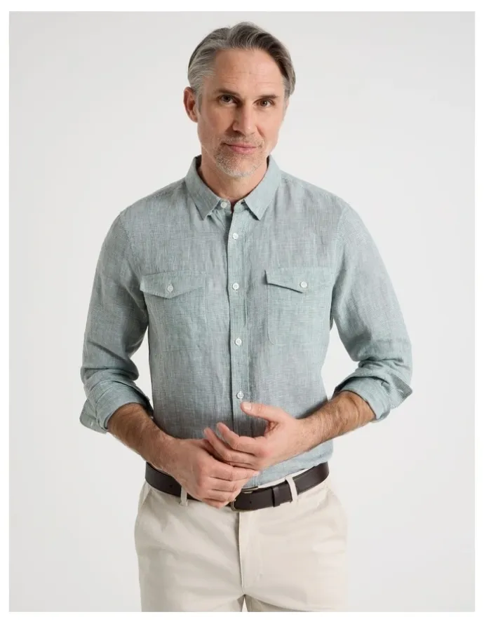 Regatta Houndstooth Long Sleeve Linen Shirt in Sage